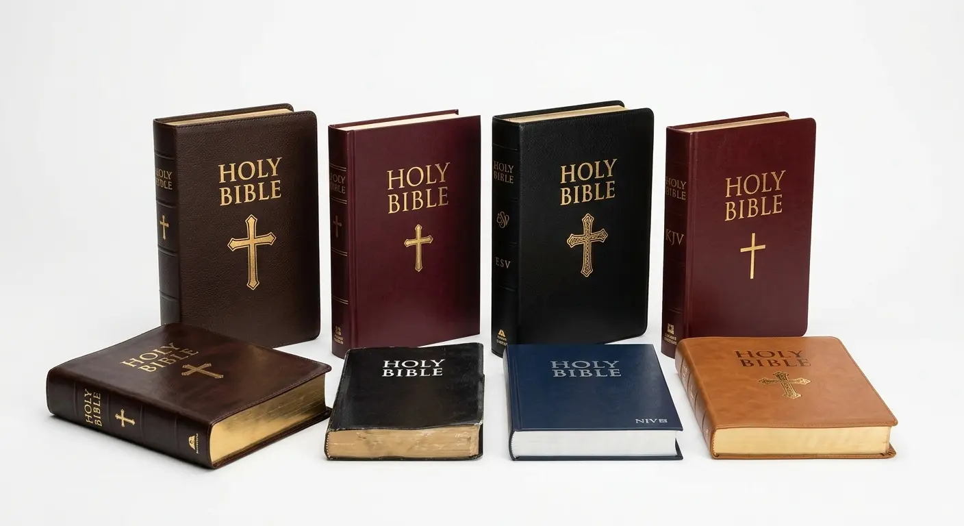 Collection of Holy Bibles in various styles and colors